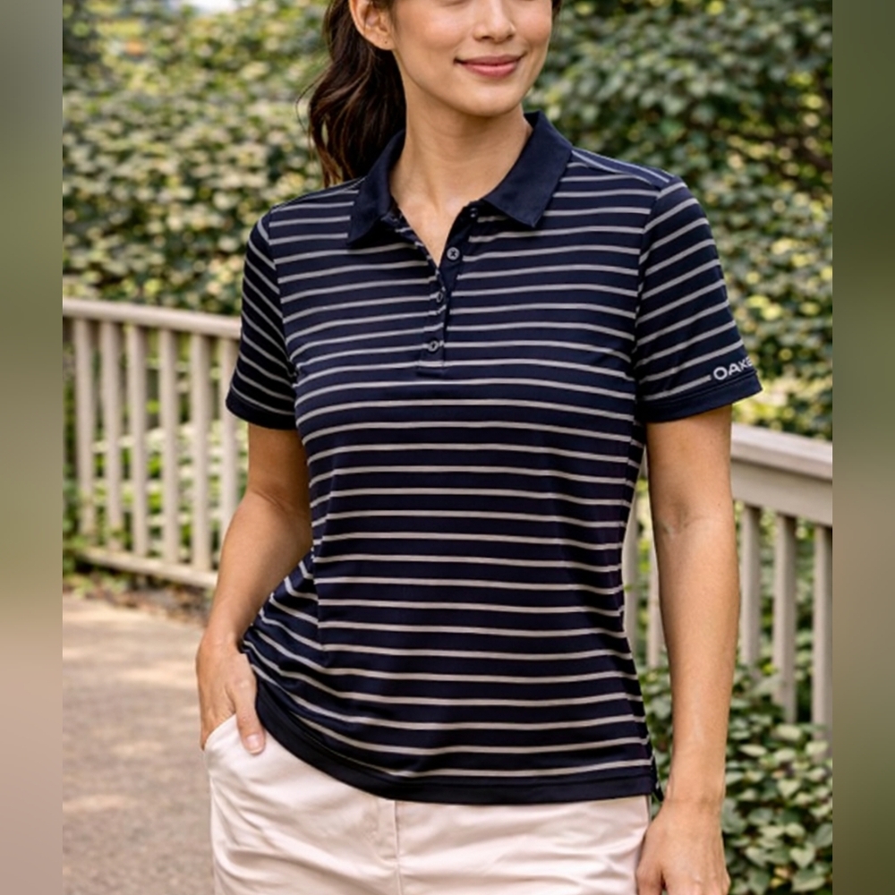 Oakley Navy and Gray Striped Women's Polo Top size L